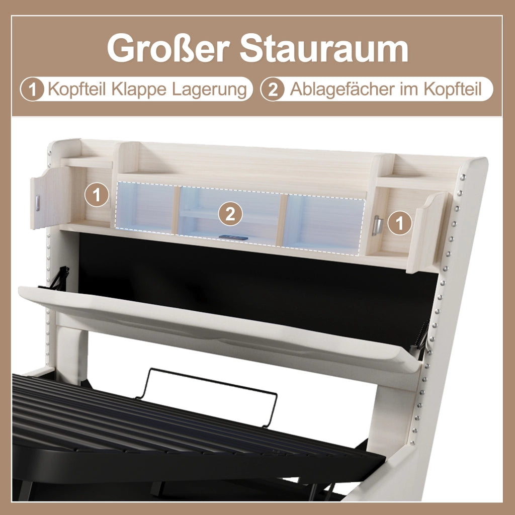 Letto contenitore 140 × 200 cm con sollevamento idraulico; testiera con vano; LED; USB e Type-C; beige
