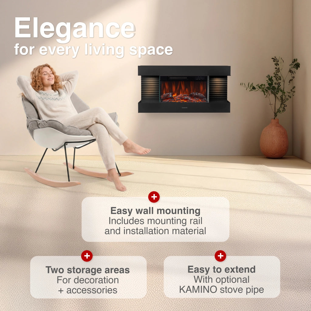 KAMINIO Camino elettrico LIZ - Camino elettrico da parete con riscaldamento, effetto fiamma 3D, luce ambiente a LED, telecomando - Nero