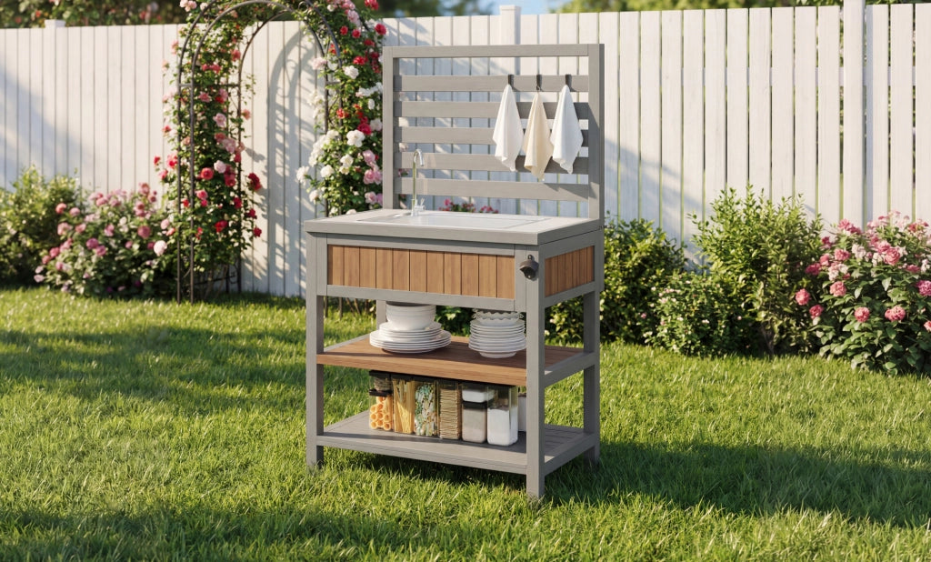 Armadio da giardino multifunzione in legno massello con lavandino, rubinetto e apribottiglie integrato, 80x51x148,5 cm, resistente alle intemperie