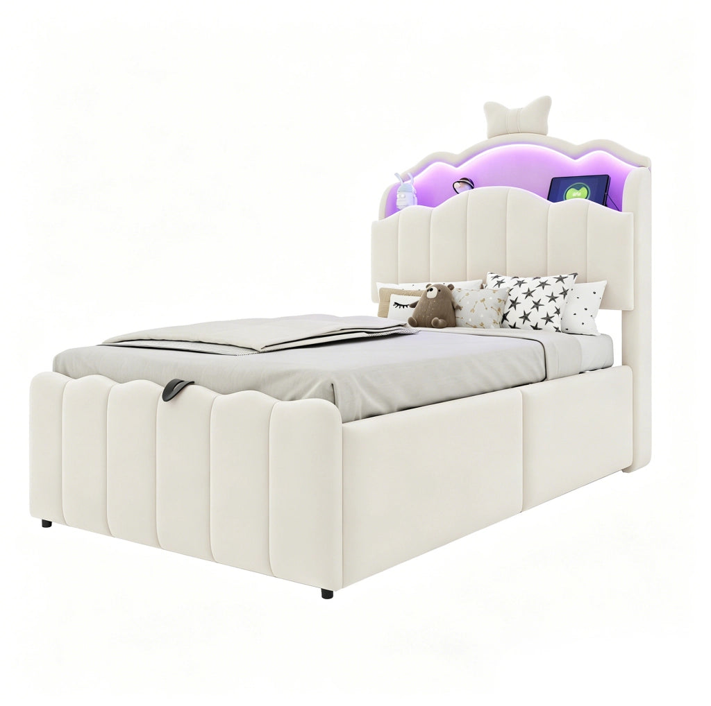 Letto per bambini imbottito 90x200 cm con contenitore idraulico, LED, USB e USB-C, beige