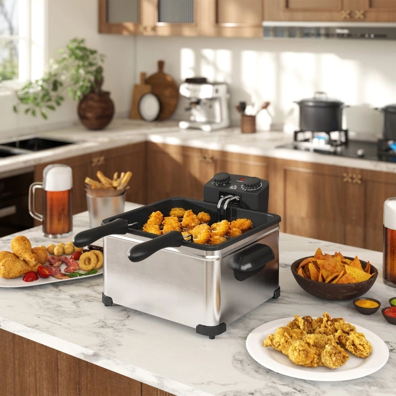 Friggitrice ad olio 5L, 2000W, acciaio inox argento. Temperatura e timer regolabili, serbatoio removibile, finestra di controllo, protezione surriscaldamento