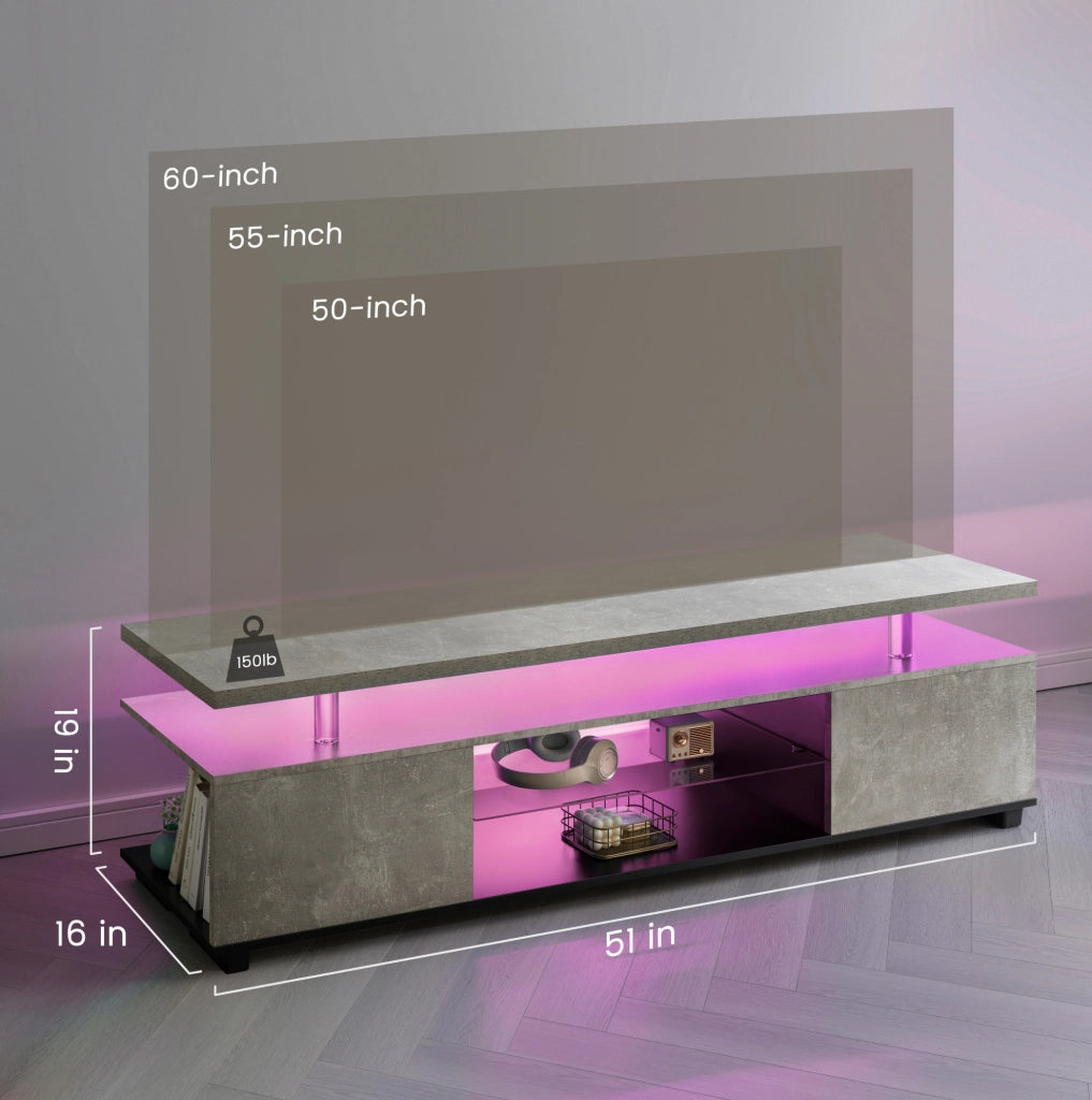 Mobile TV ULEVR con illuminazione LED, 3 vani chiusi e ripiano aperto, grigio e nero