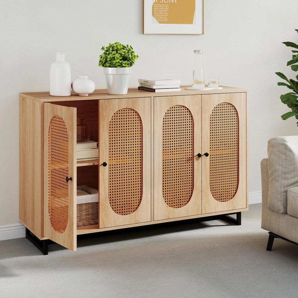 Credenza in Rattan, Armadio a Buffet con 4 Ante, Ripiani Regolabili in 3 Posizioni e Gambe in Metallo, Mobile Contenitore in Legno per Cucina, Sala da Pranzo e Soggiorno, 126 x 40 x 81 cm