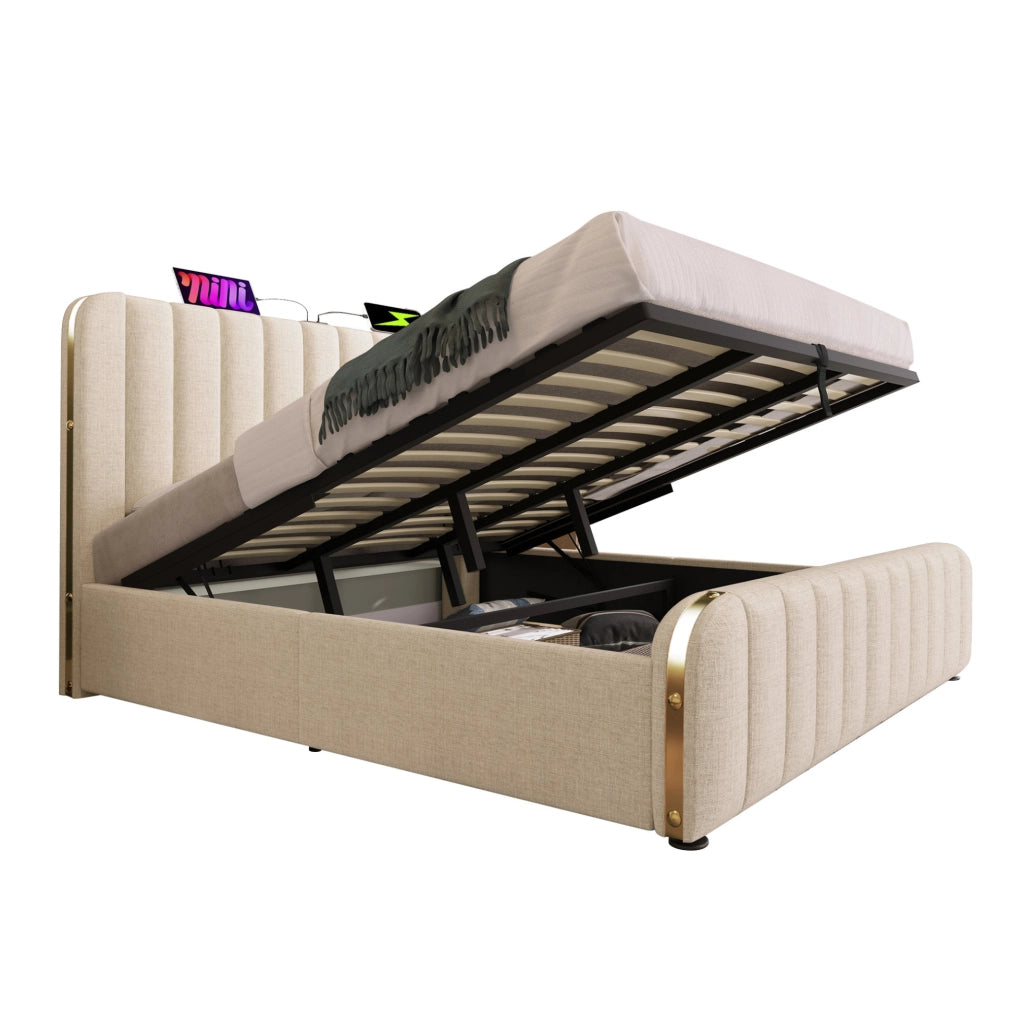 Letto matrimoniale imbottito 180x200 cm in lino beige con USB Type-C; contenitore e materasso incluso