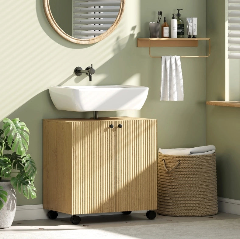 Mobile mobile bagno con tre ripiani regolabili e porta a chiusura soft, con taglio a U per lavabo senza piedistallo, finitura legno