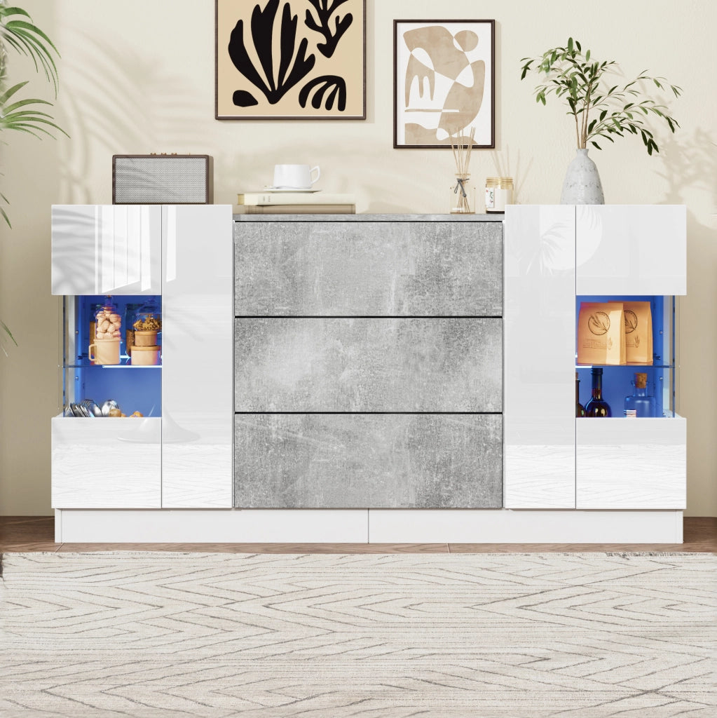 Sideboard elegante con 2 ante, 3 cassetti, finiture bianche lucide e effetto marmo grigio, LED a 16 colori, 140x35x75 cm