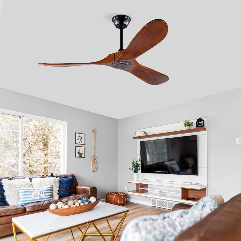 Ventilatore da soffitto 93.0x19.0x19.5 cm con telecomando e funzione memoria in metallo e legno; nero e noce scuro