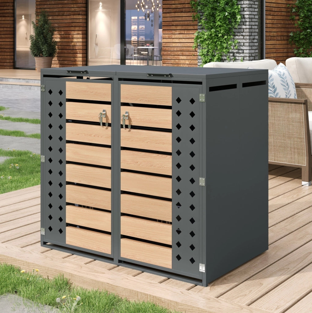 Contenitore per rifiuti con doppia anta e coperchio a ribalta idraulico, in acciaio zincato con finitura effetto legno, ventilazione a rombi, chiudibile a chiave