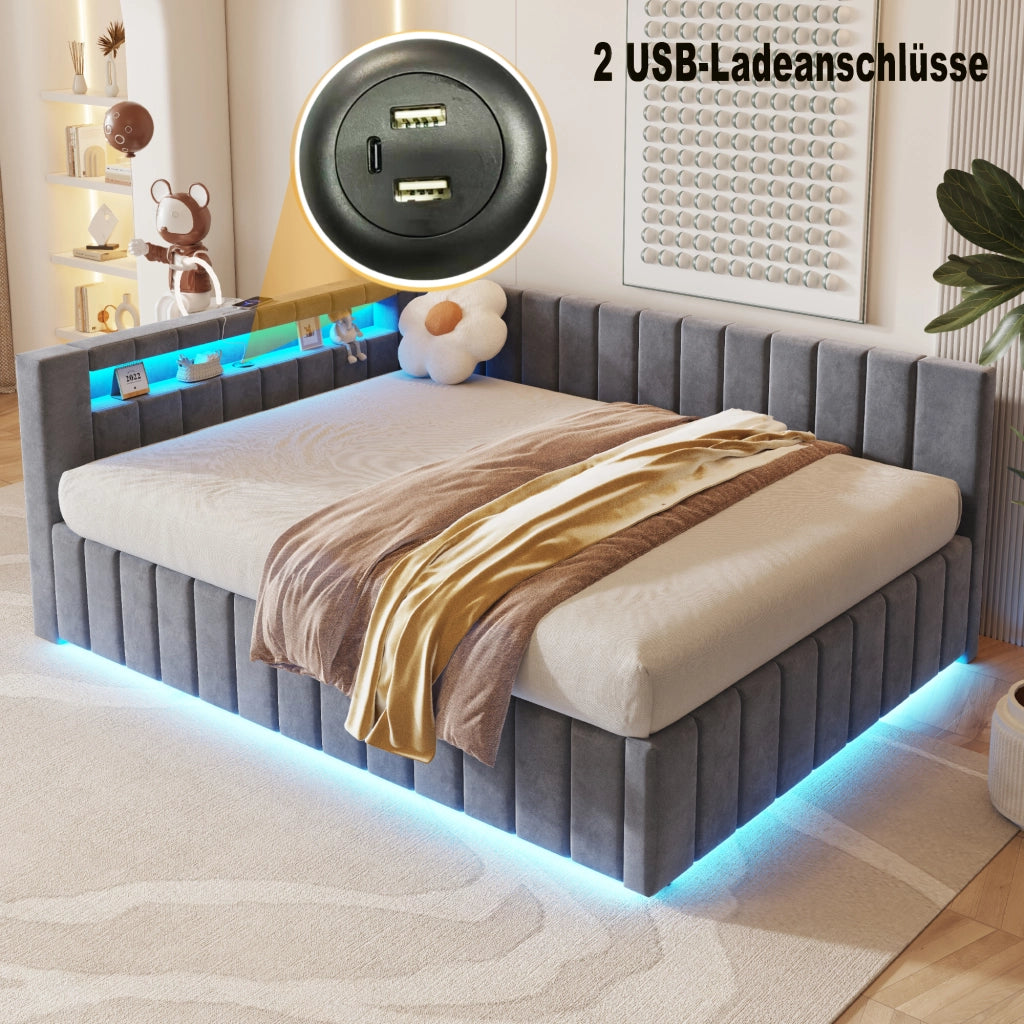 Letto matrimoniale imbottito 140 × 200 cm con contenitore idraulico; LED; USB; testiera e schienale in velluto grigio