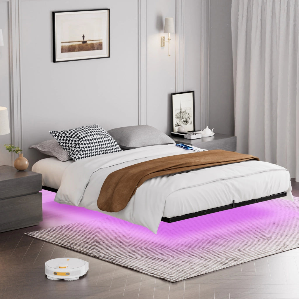 Letto a sospensione con LED - Zephmum - 160x200 cm - Nero - Telaio metallico robusto, facile montaggio