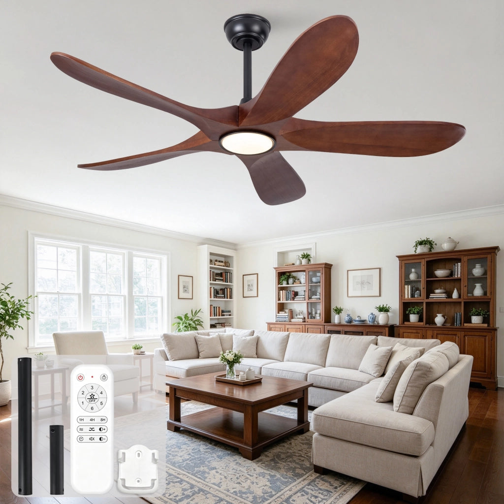 Ventilatore da soffitto con luce; 5 pale in legno massello; noce e nero