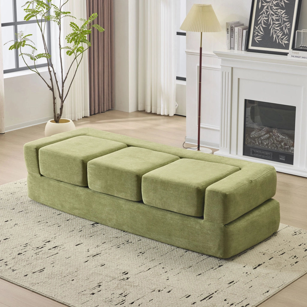 Divano letto modulare in ciniglia verde 201x75,5x50 cm salvaspazio