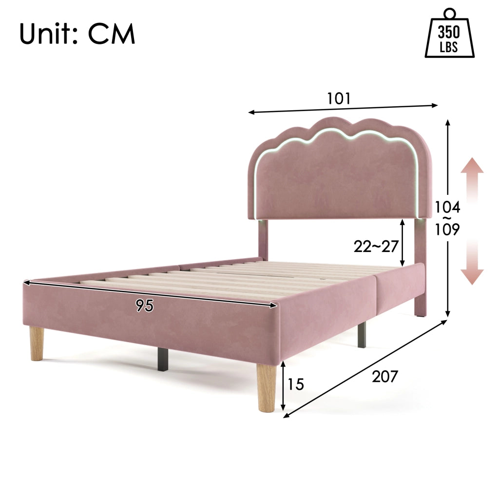 Letto 90 × 200 cm con testiera regolabile LED rivestito in velluto rosa con rete a doghe