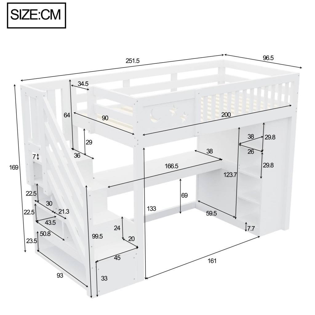 Letto a soppalco ULEVR 90x200 cm con scrivania, LED, prese e scala contenitore, bianco e colore legno