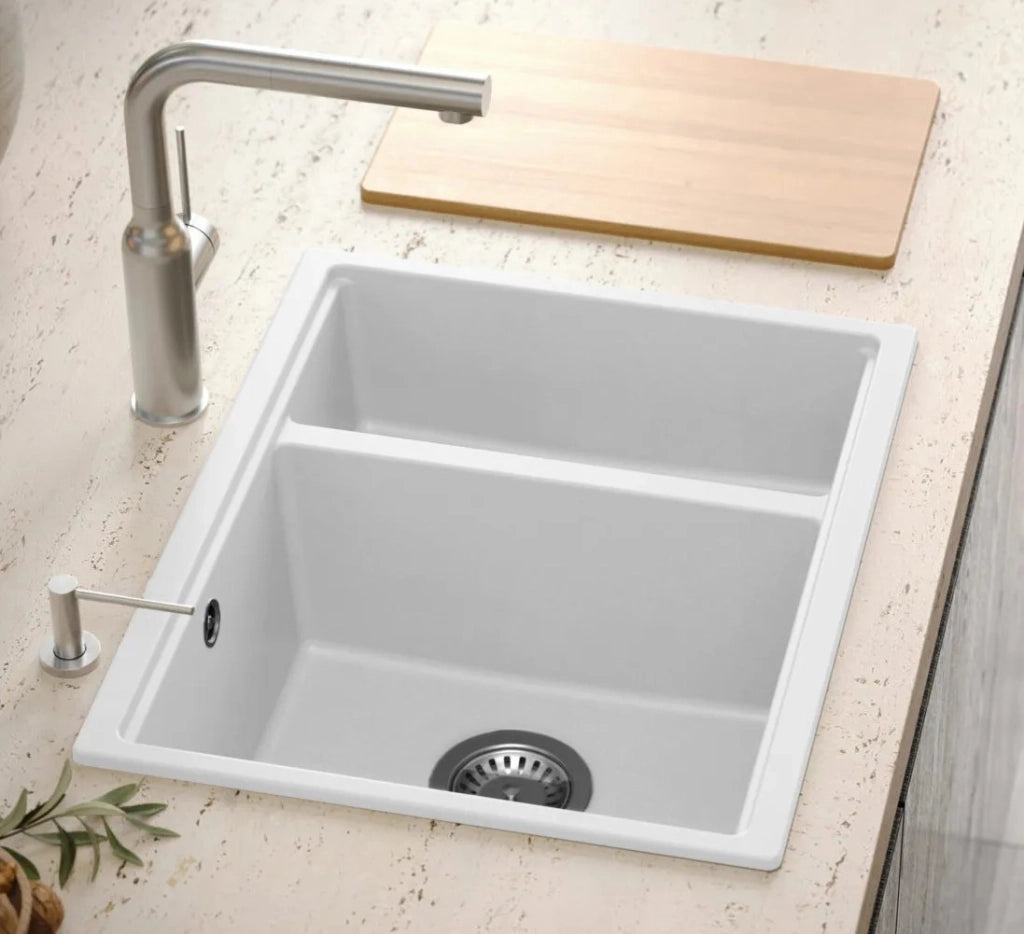 Lavello In Granito Logan 150 White Tappo rame spazzolato