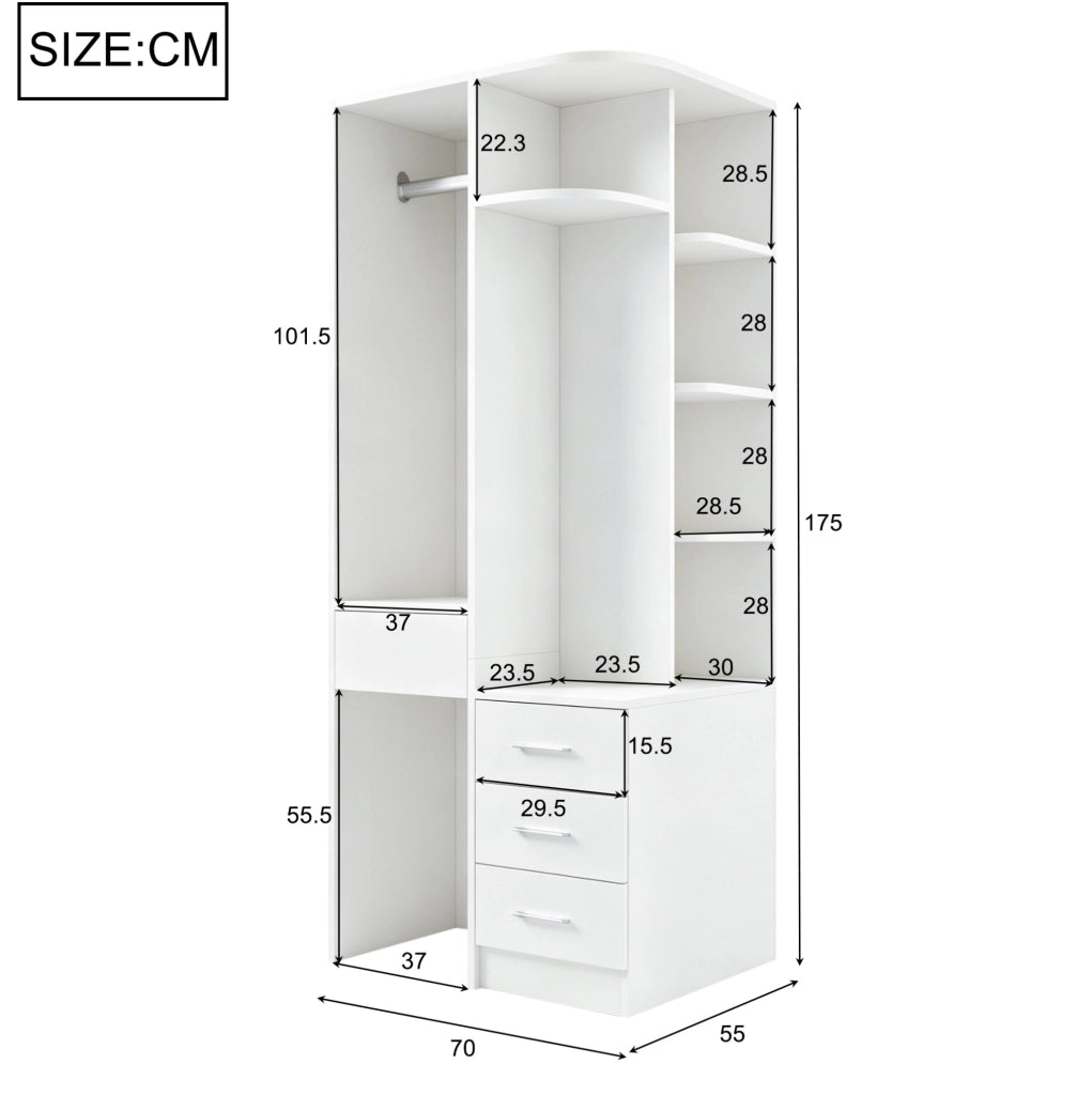 Armadio bianco 70×55×175 cm con ripiani multipli e ampio vano appendiabiti