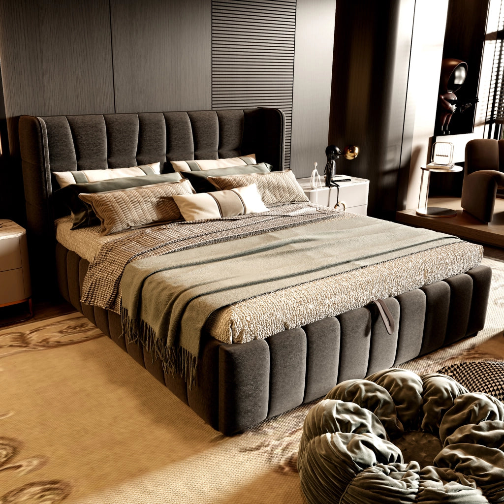 Letto matrimoniale 180 × 200 cm 2 posti con contenitore sollevabile, senza materasso, in tessuto grigio
