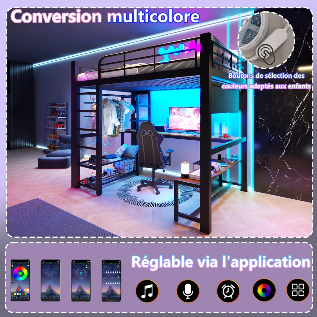 Letto a soppalco 140 × 200 cm con scrivania in legno LED ripiani appendiabiti pannello forato in metallo nero