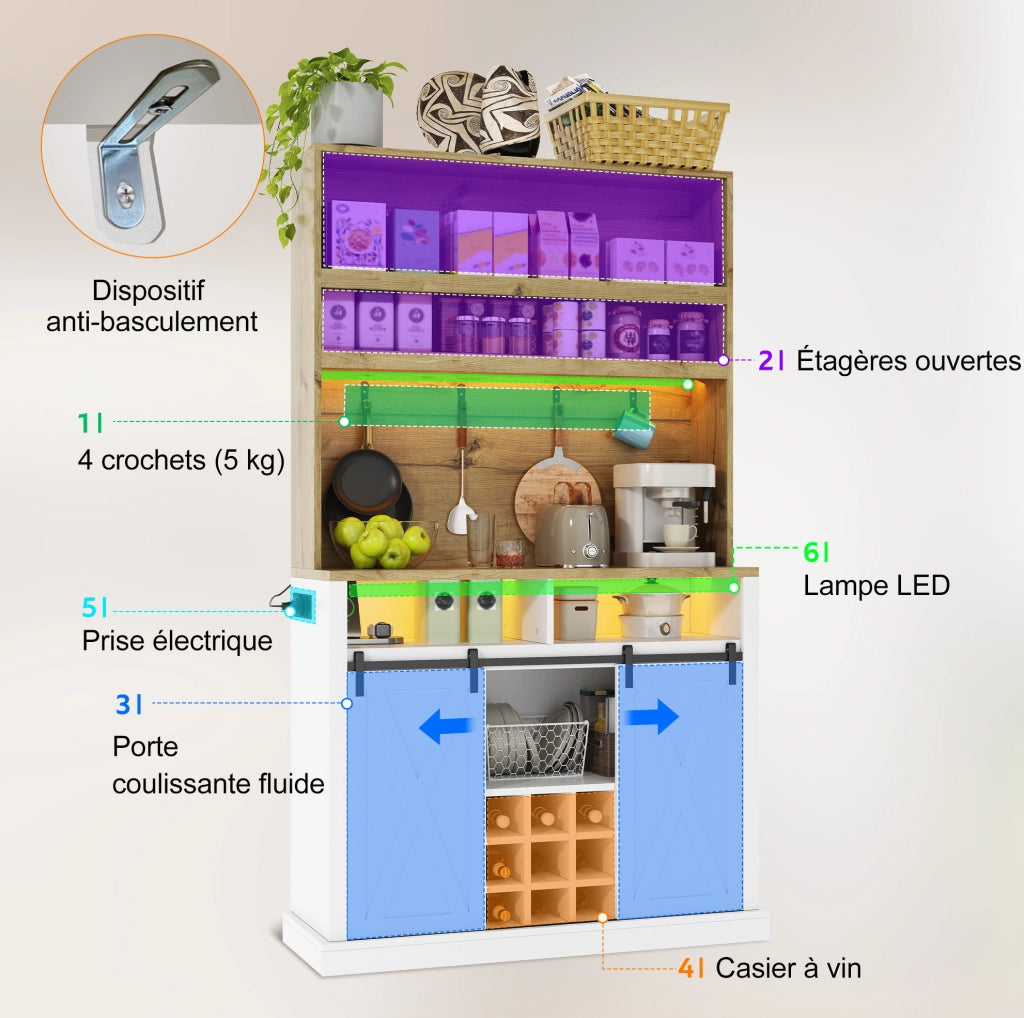 Mobiletto alto da cucina YEAVIO con illuminazione LED RGB, prese integrate, appendini, porta vini e vetrina, 191 cm, MDF