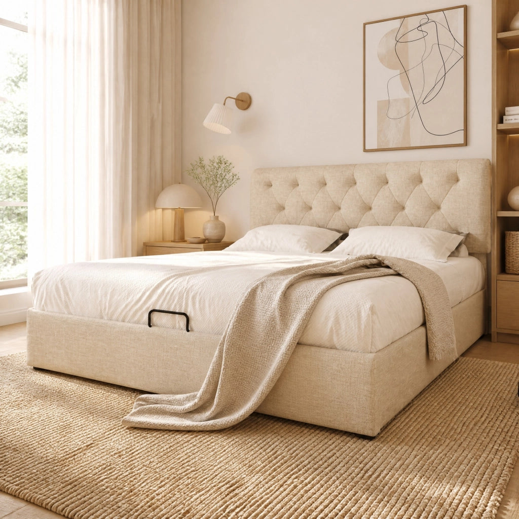 Letto contenitore 140x200 cm con testiera regolabile e materasso incluso; lino; naturale