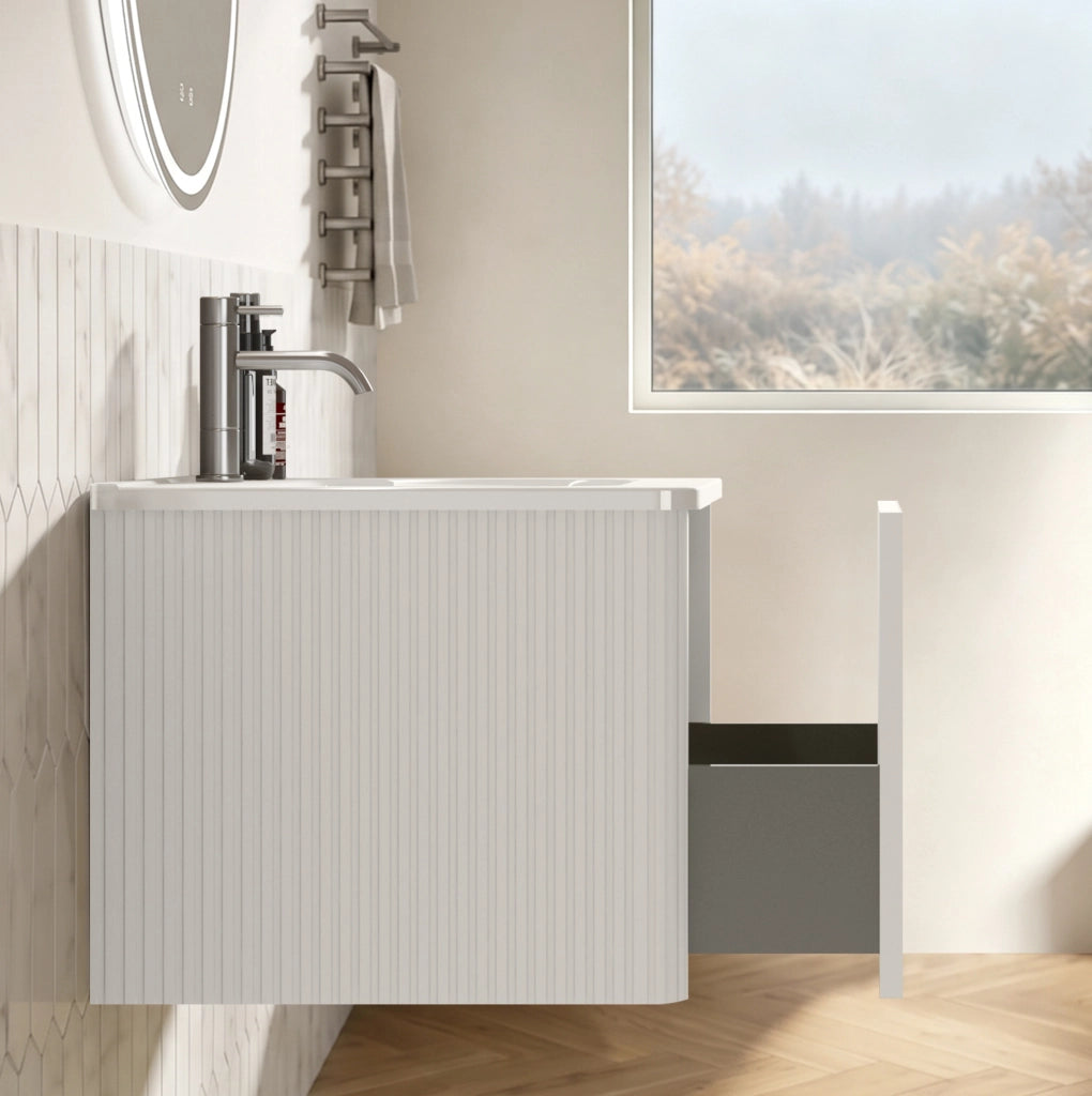 MOBILE BAGNO sospeso bianco con lavabo integrato e specchio LED, set 2 pezzi