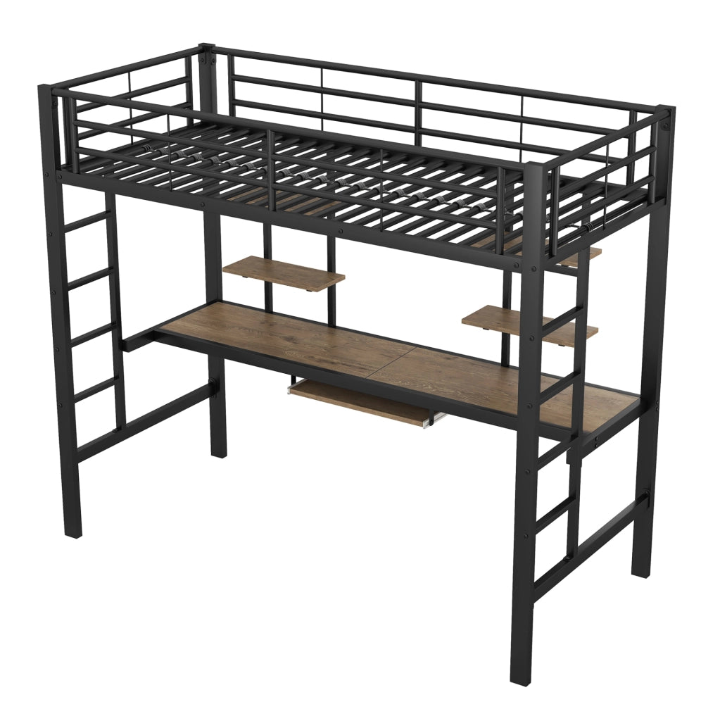 Letto a soppalco 90x200 cm con scrivania e 2 ripiani in metallo e MDF nero