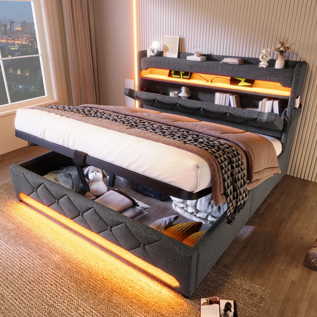 Letto contenitore matrimoniale 180x200 cm imbottito; testiera con vani; LED 360°; USB; USB-C; sollevamento idraulico; lino grigio