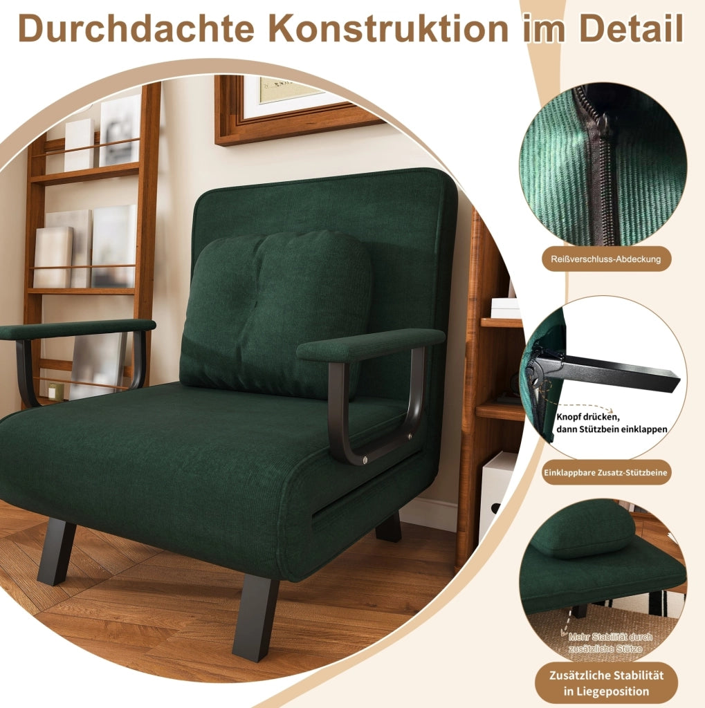 Poltrona Relax con Schienale Regolabile a 5 Posizioni, Rivestimento in Chenille Verde Scuro, Funzione Letto, Supporti Estraibili
