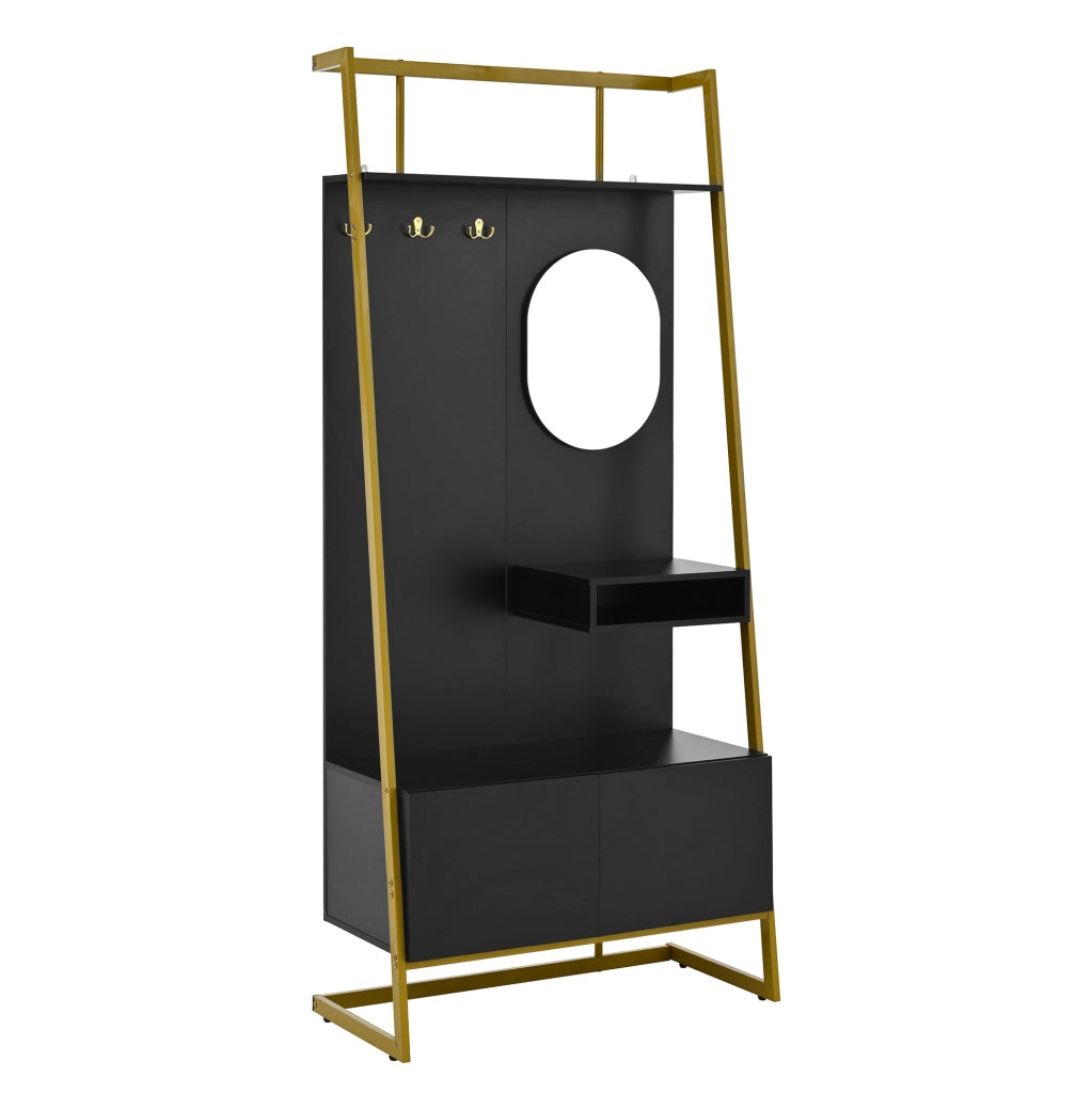 Mobile guardaroba compatto con specchio; ganci e panca portascarpe; 78 ¡Á 38.5 ¡Á 180.5 cm; nero