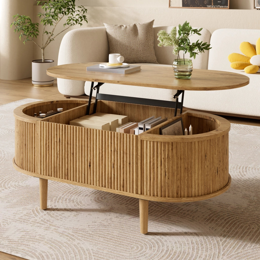 Tavolino da salotto ovale regolabile in altezza con vano contenitore; rovere