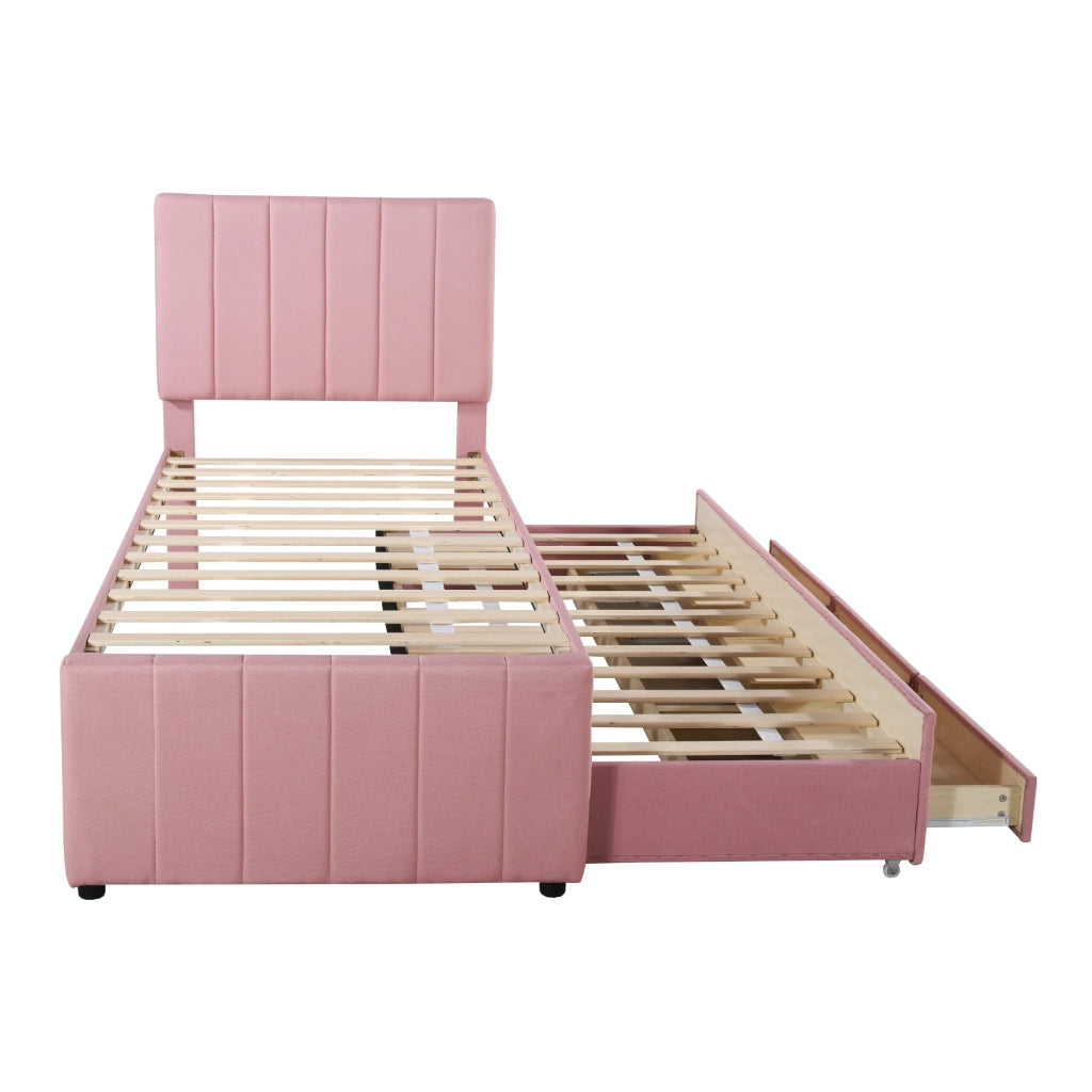 Letto imbottito 90x200 cm con letto estraibile e 3 cassetti in cotone e lino rosa