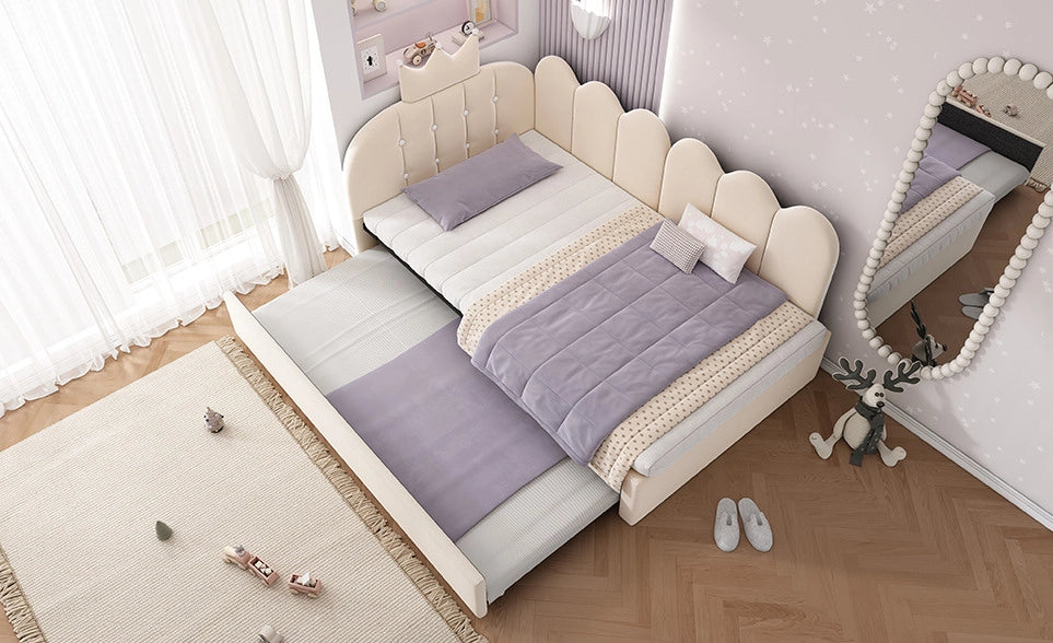 Divano Letto con Letto Estraibile L-Shape 90x200 cm in Velluto Beige per Cameretta e Ospiti
