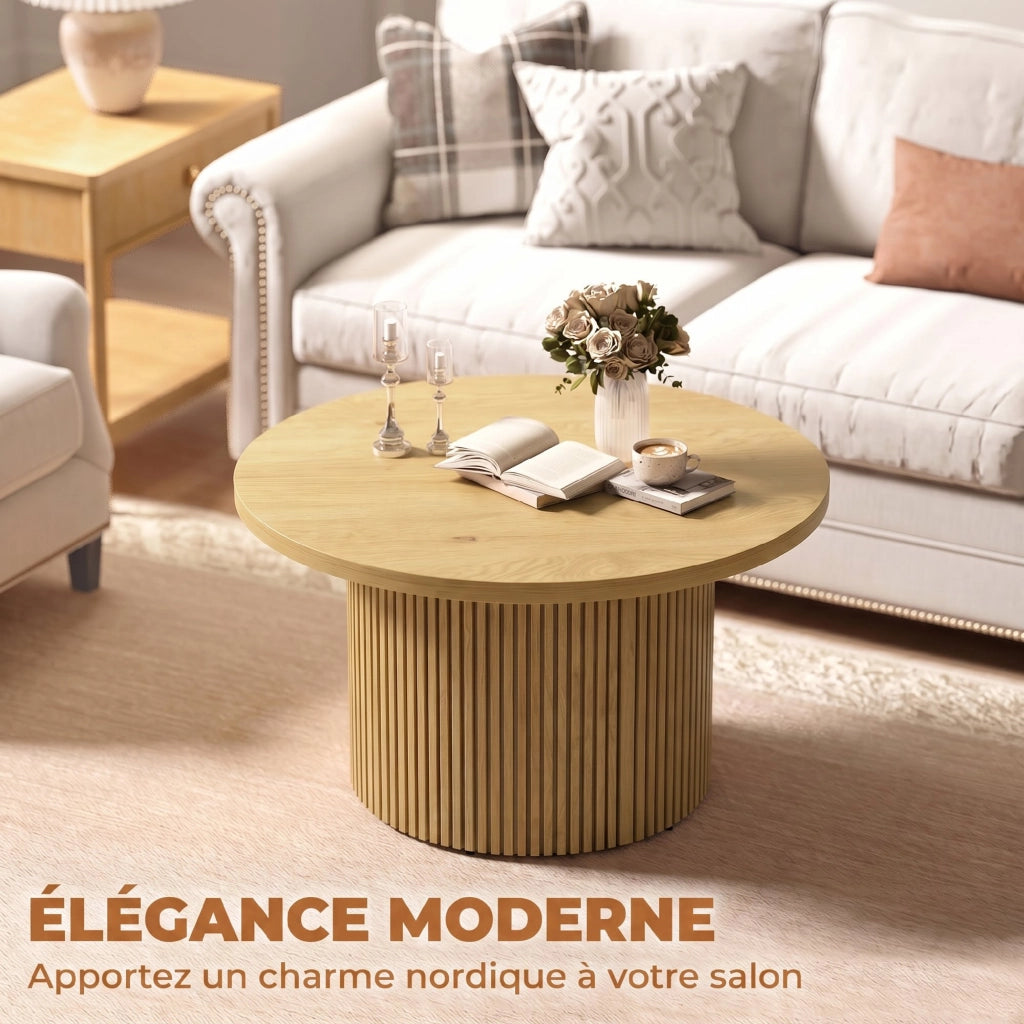 Tavolino da salotto rotondo effetto legno naturale con base scanalata, tavolo basso moderno e robusto per soggiorno