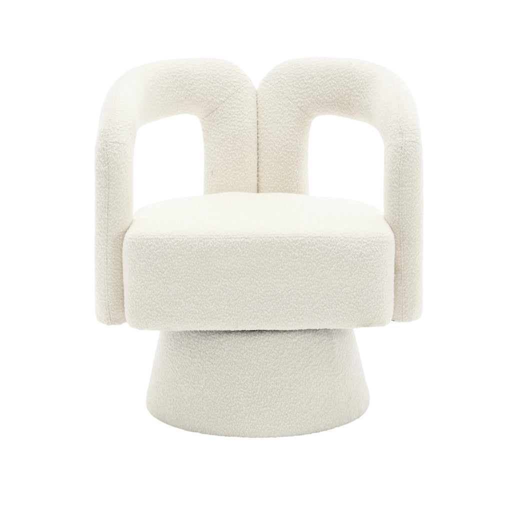 Sedia girevole a 360° con imbottitura in tessuto boucle beige, struttura in legno e metallo, 67x55x74 cm