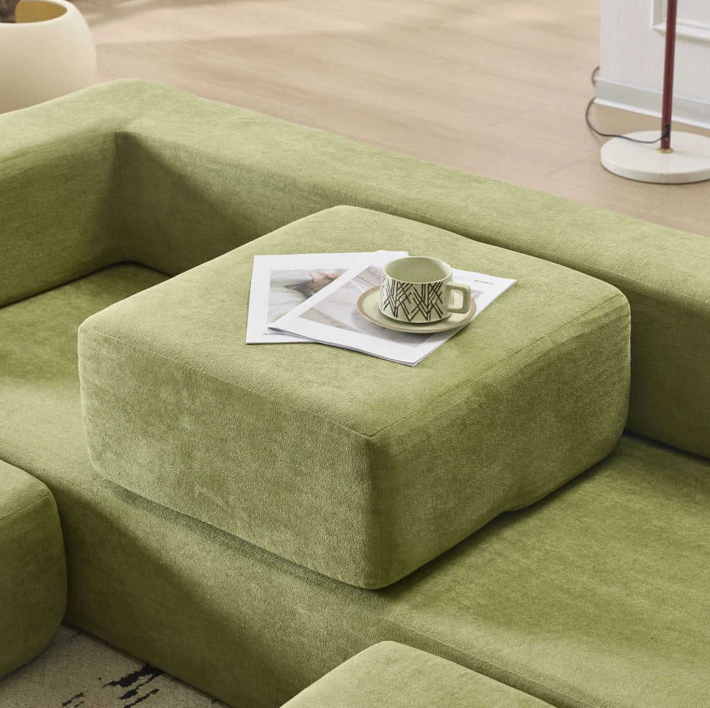 Divano modulare trasformabile in verde con 3 poggiapiedi, materasso in schiuma ad alta elasticità, divano-letto salvaspazio in tessuto ciniglia per monolocali e uffici domestici