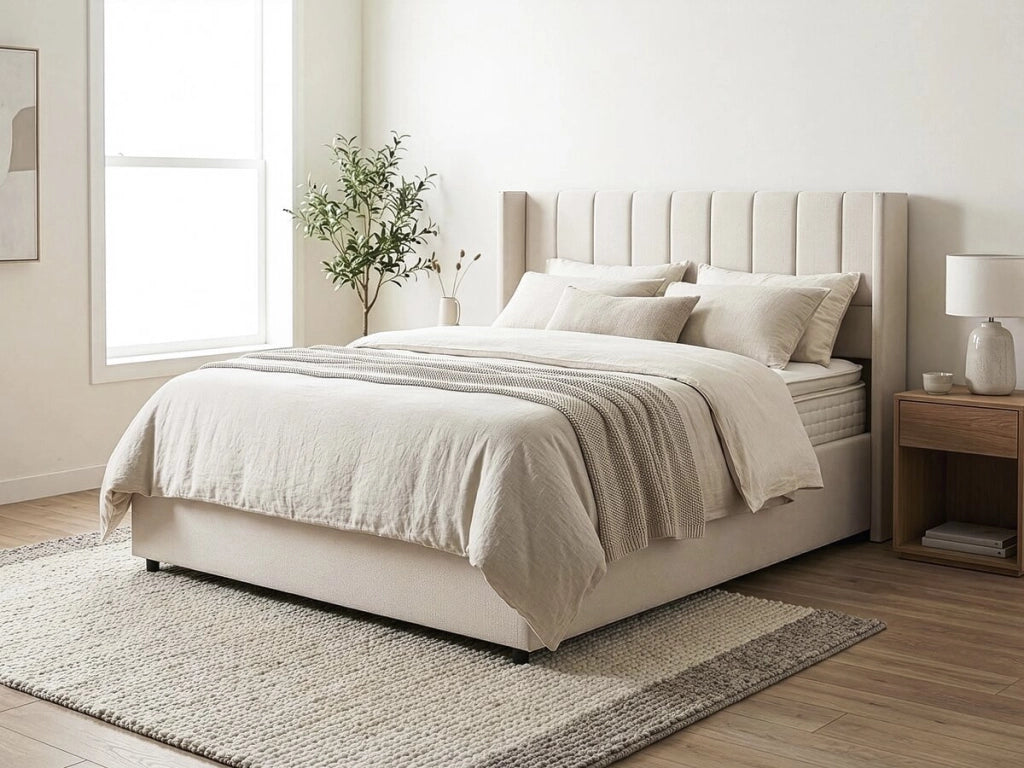 Letto matrimoniale "Saint-Moritz" in lino con contenitore - 160 x 200 cm - Beige