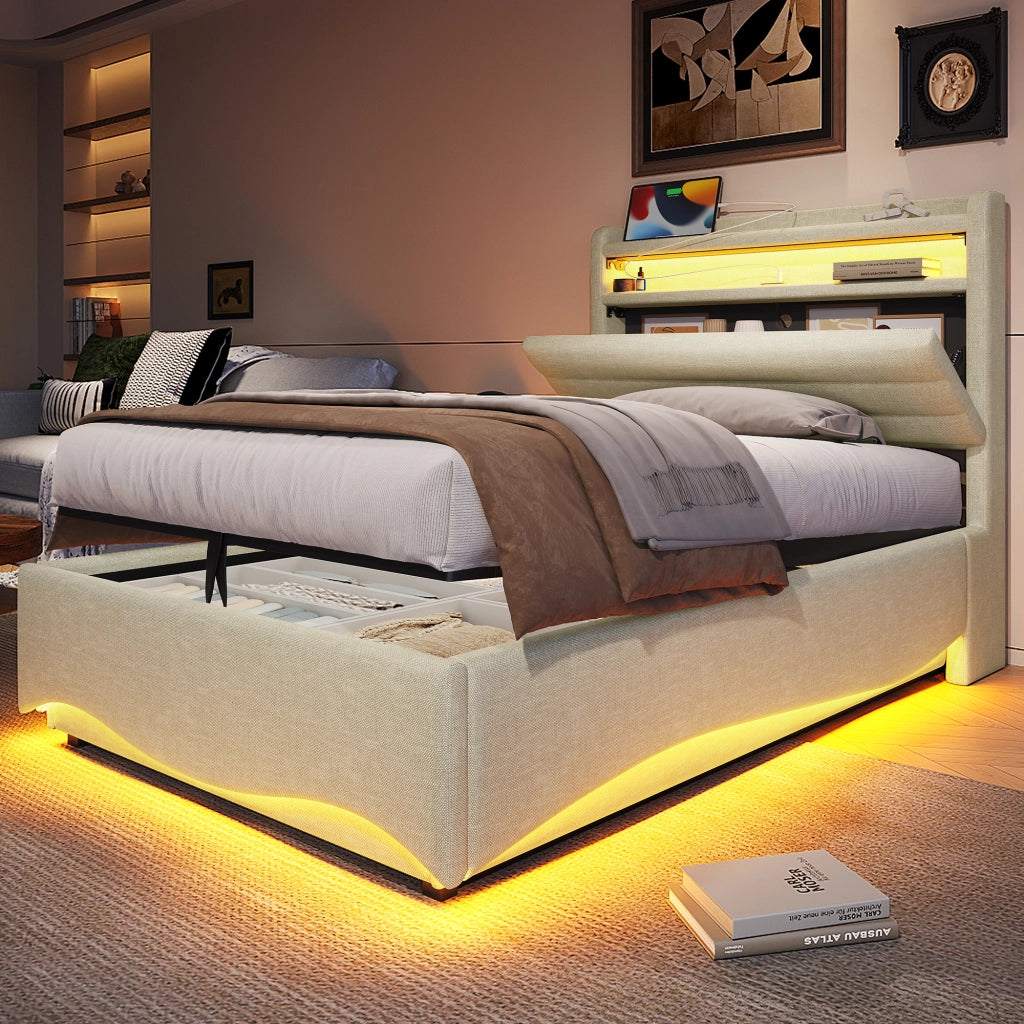 Letto singolo con contenitore 90 × 200 cm con LED; USB e Type-C; rivestito in lino beige con vano a ribalta