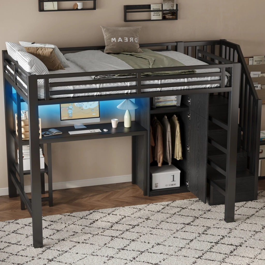 Letto a soppalco 140x200 cm con scrivania; armadio e LED in MDF e metallo nero