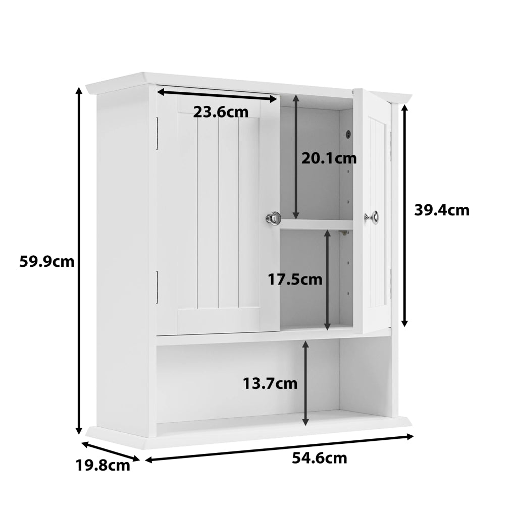 Armadio da bagno bianco a parete con doppie ante e ripiani regolabili, 54,6x19,8x59,9 cm