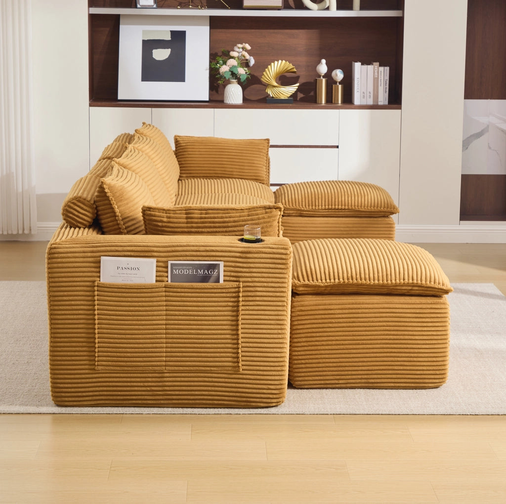 Divano modulare 4 posti con 2 pouf, tessuto in velluto arancione, cuscini, portabicchieri e tasche laterali