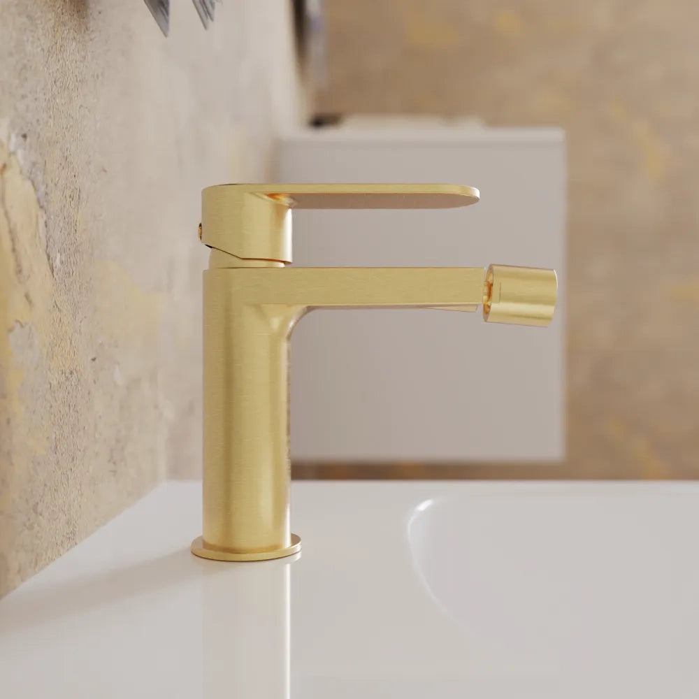 Set miscelatori lavabo alto bidet miscelatore doccia con deviatore oro spazzolato | Margot