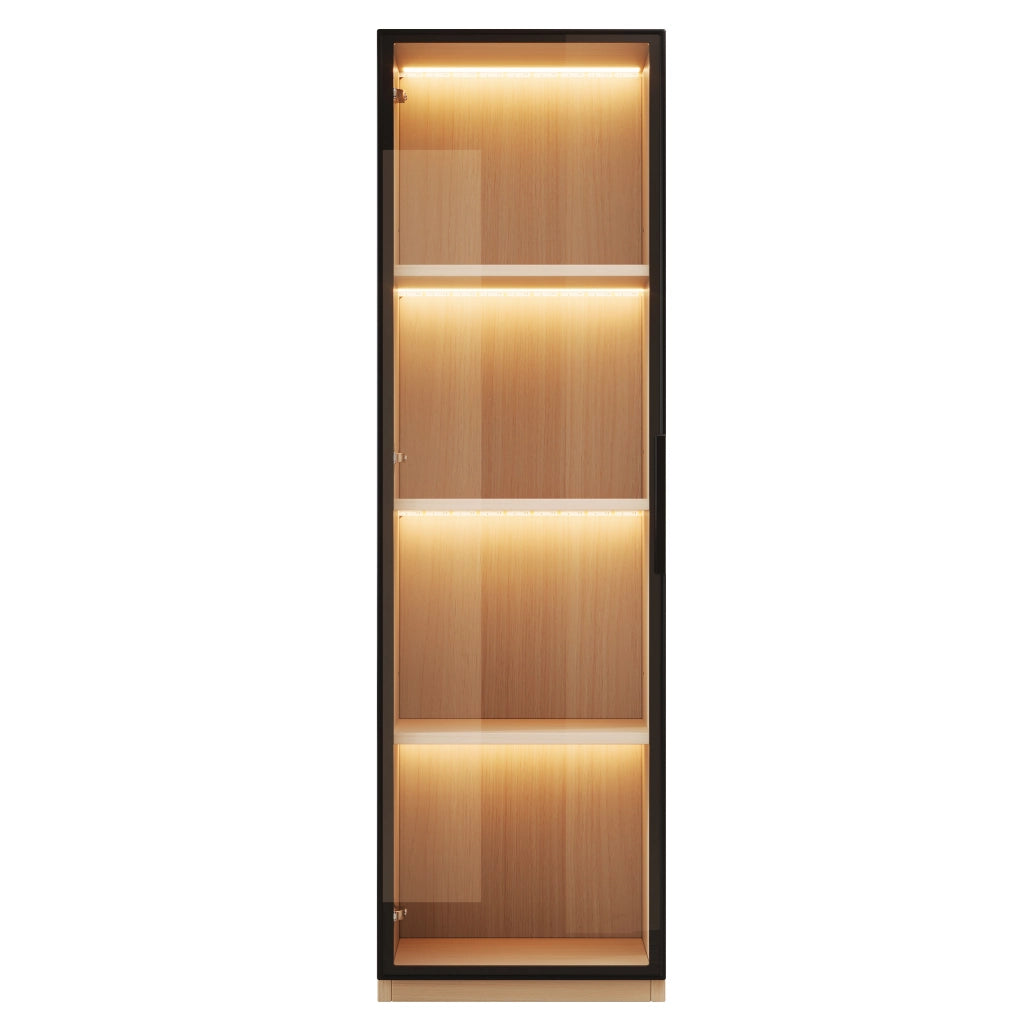 Vetrina stretta con anta in vetro temperato, LED multicolore e cerniere ammortizzate, in MDF rovere, 40 × 40 × 165 cm