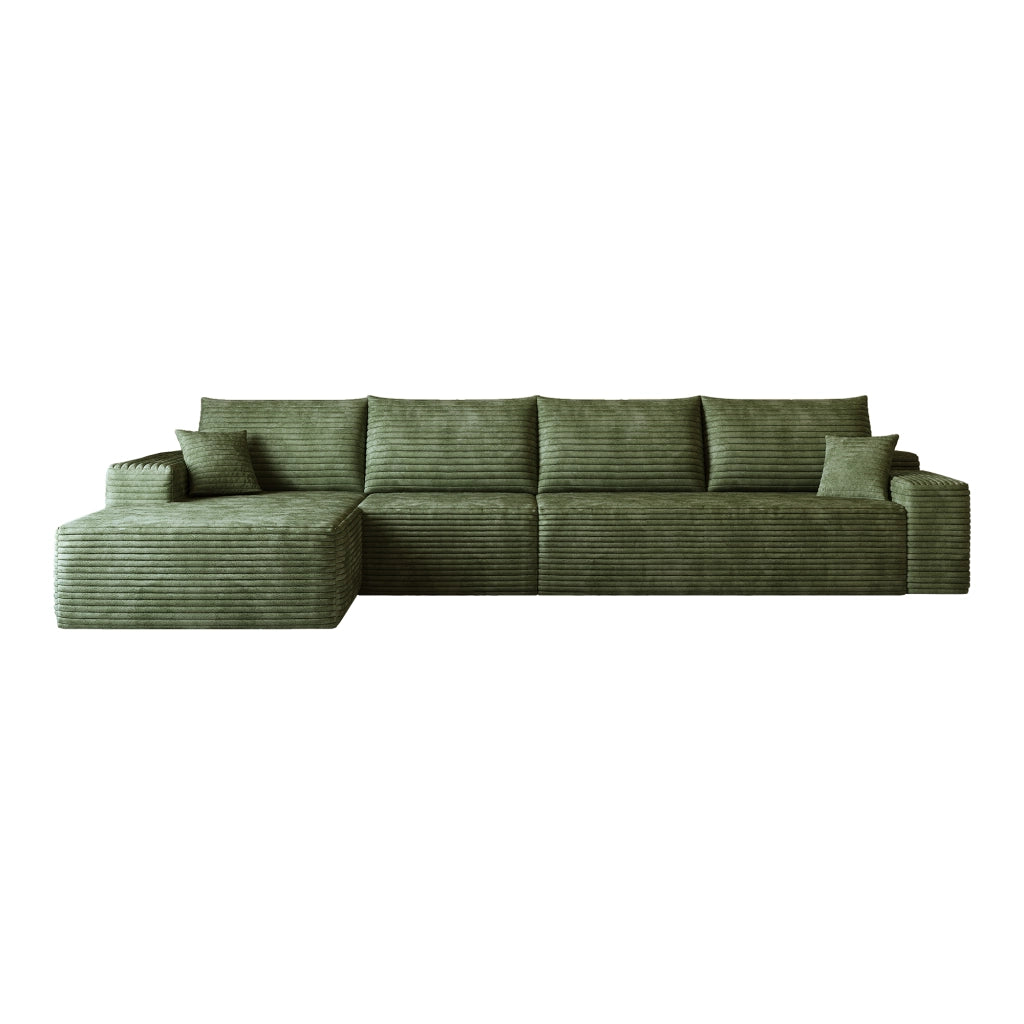 Divano angolare modulare con chaise longue, seduta profonda e montaggio senza attrezzi, in velluto a coste verde