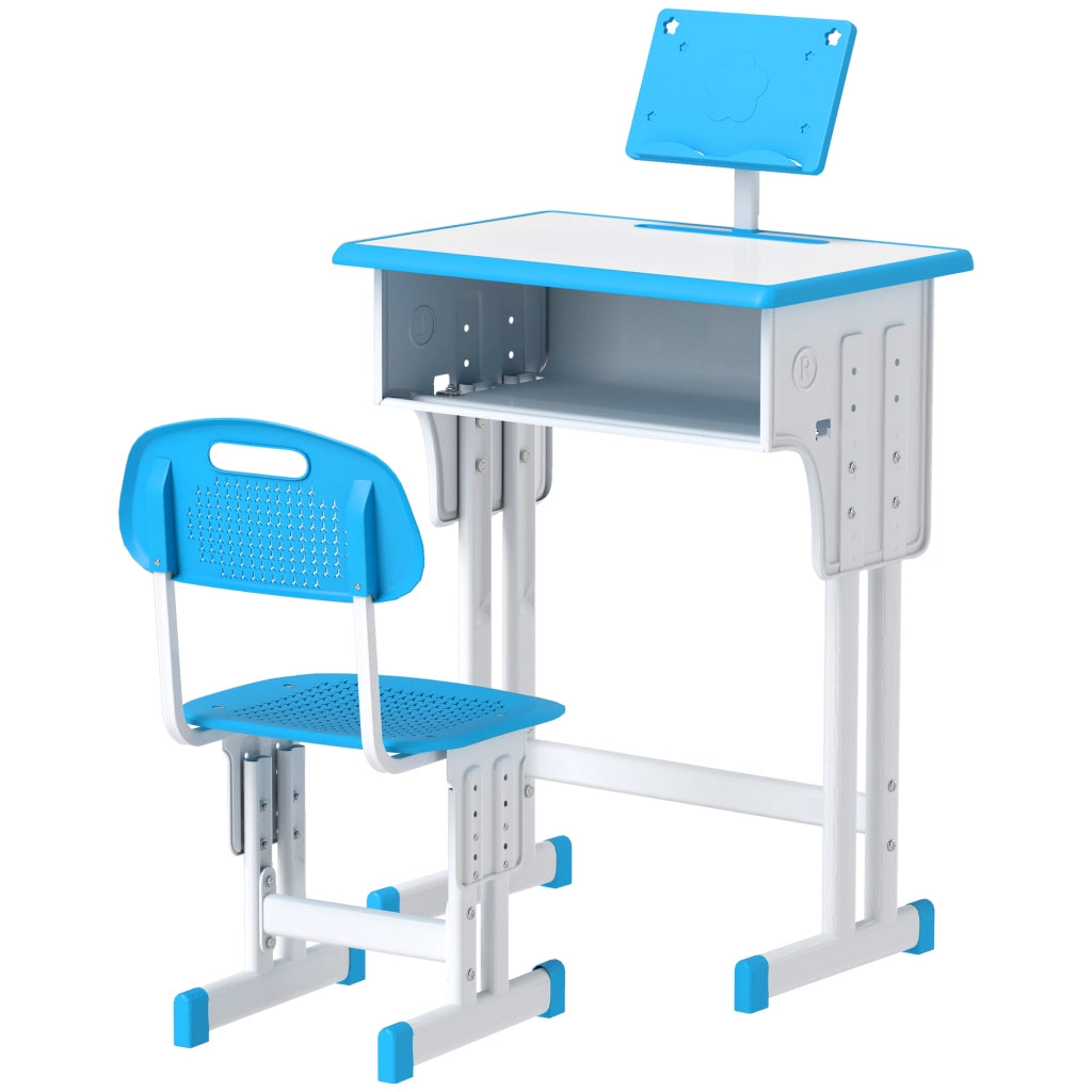 Scrivania e sedia per bambini con leggio portapenne gancio e cassetto 60x45x90-102 cm ¨C Xylo ¨C Blu