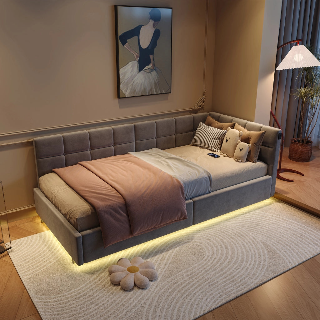 Letto angolare contenitore grigio in velluto, luci RGB, porte USB‑C, meccanismo idraulico, design moderno camera da letto