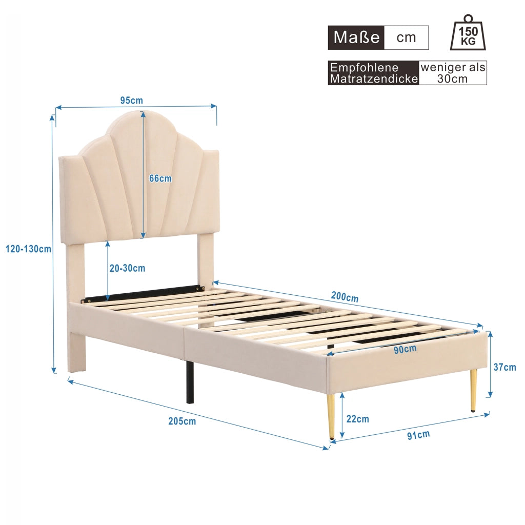 Letto singolo imbottito 90x200 cm con testiera a conchiglia regolabile, gambe in ferro dorato, rivestito in velluto, beige