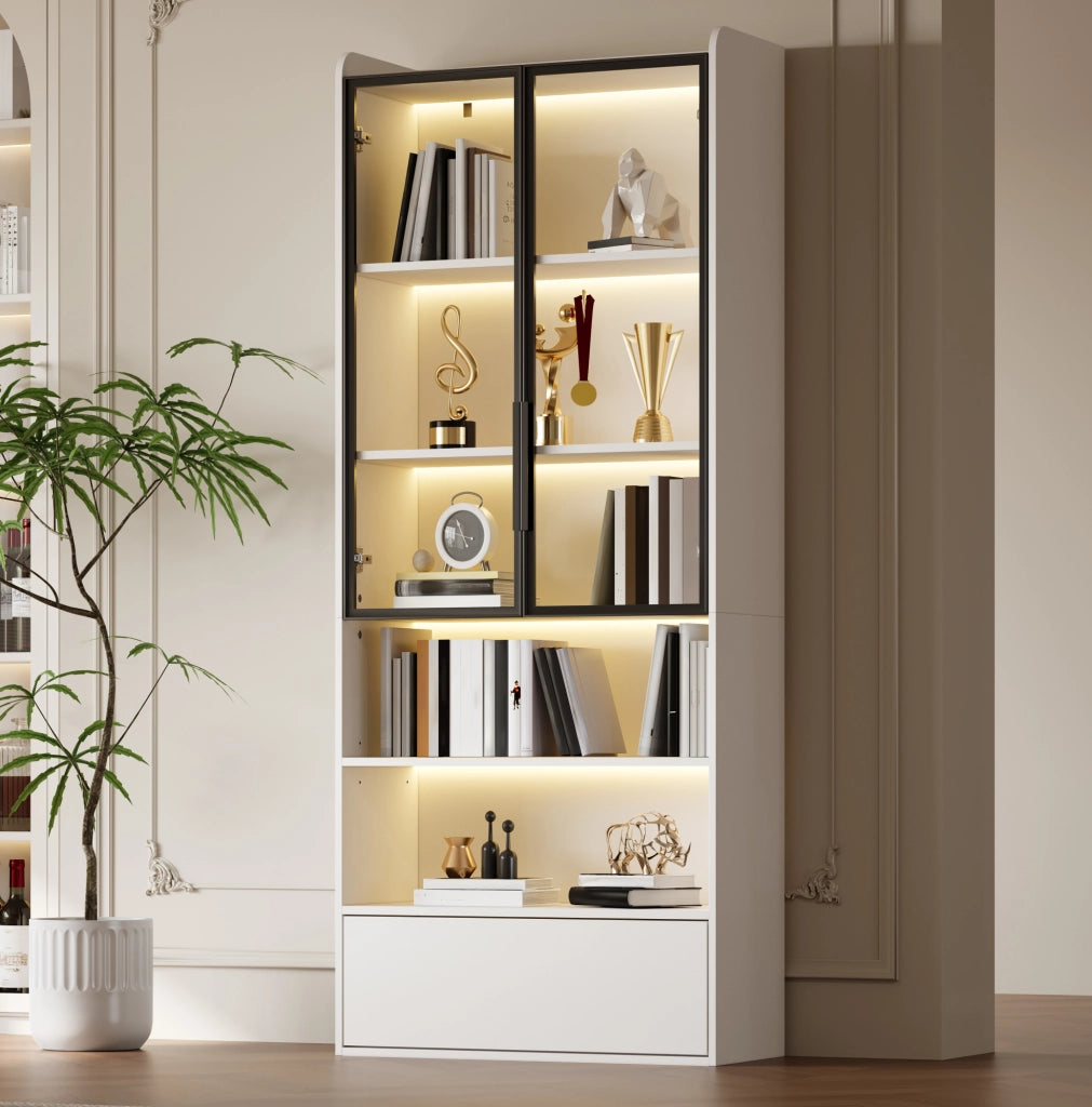 Vetrina alta bianca 80x34x180 cm con porta in vetro, 1 cassetto e illuminazione LED controllabile via app