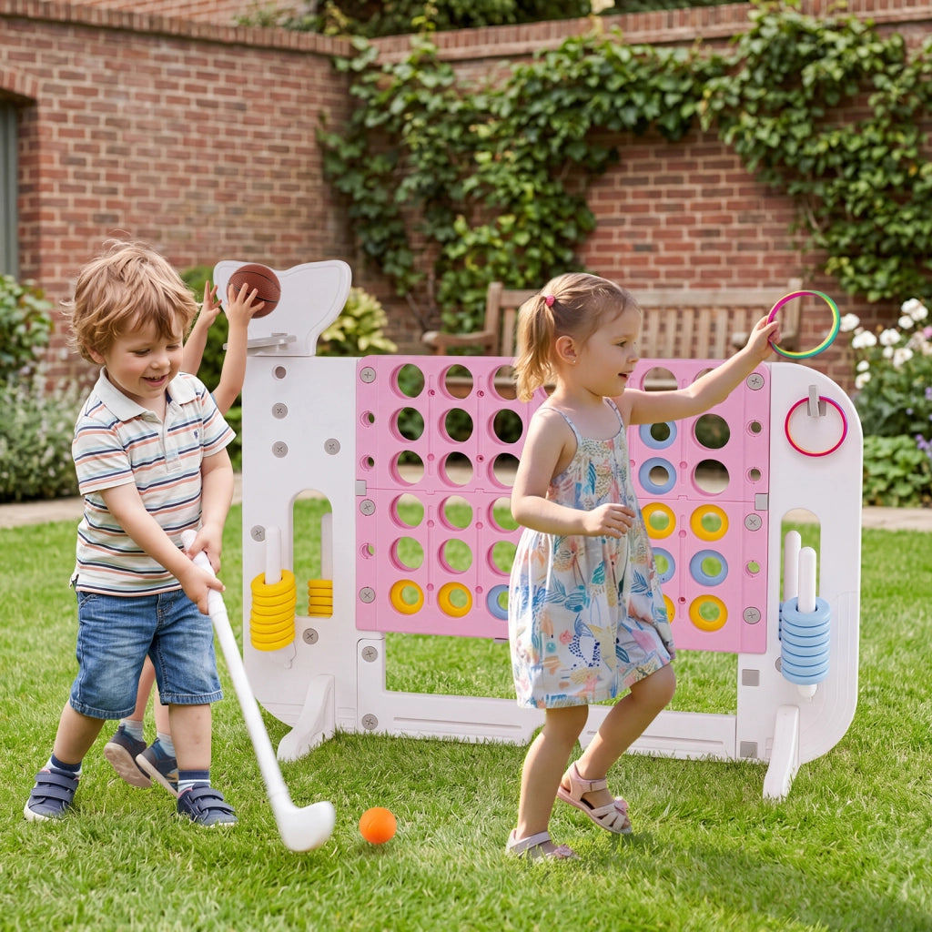Forza 4 gigante altezza regolabile per bambini, Gioco 4 in linea 42 pedine pallone basket 2 palline mazza golf 3 anelli 2 portabicchieri Rosa