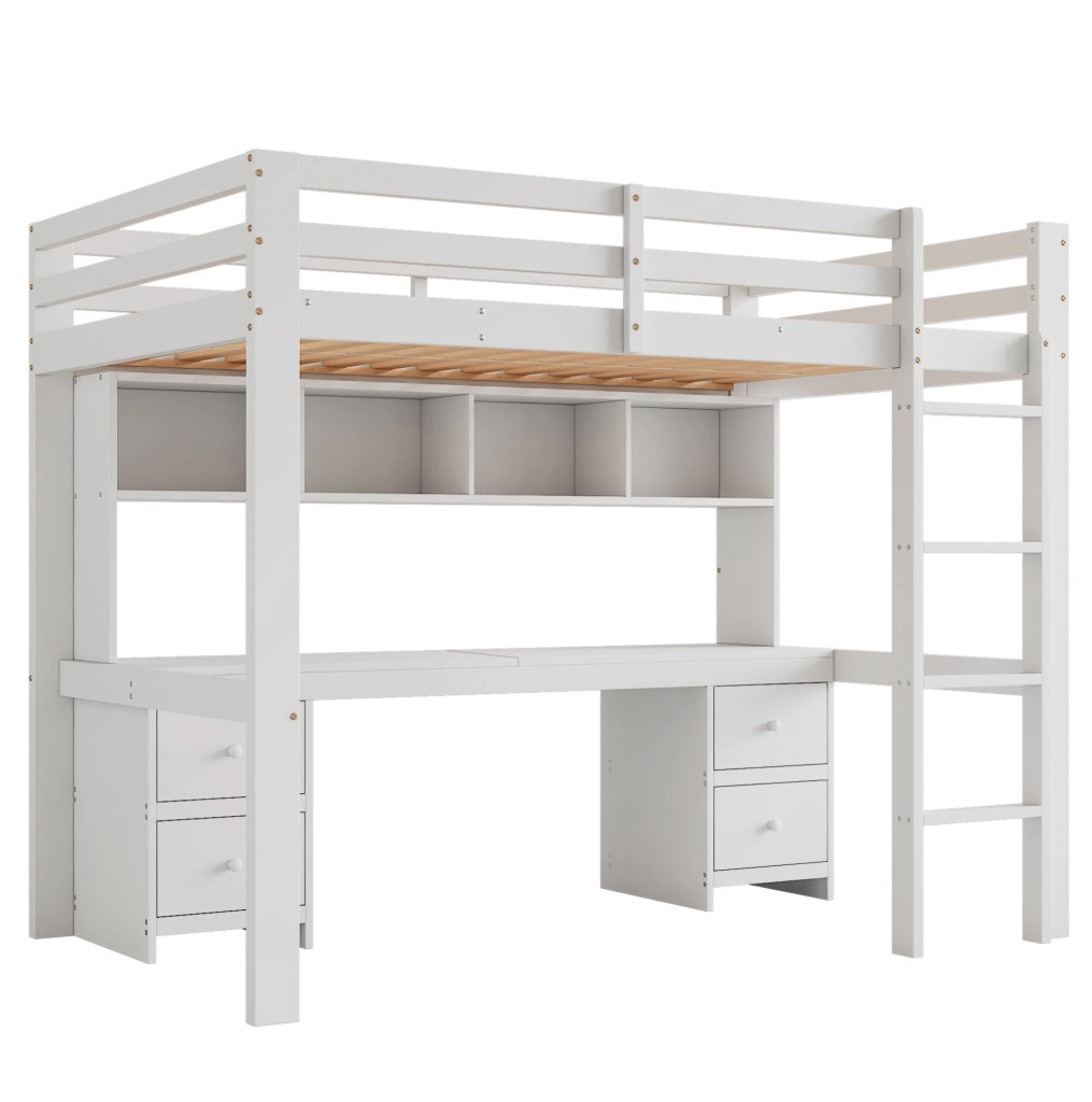 Letto a soppalco per bambini 90x200 cm in legno di pino bianco con scrivania e ampio spazio di stoccaggio