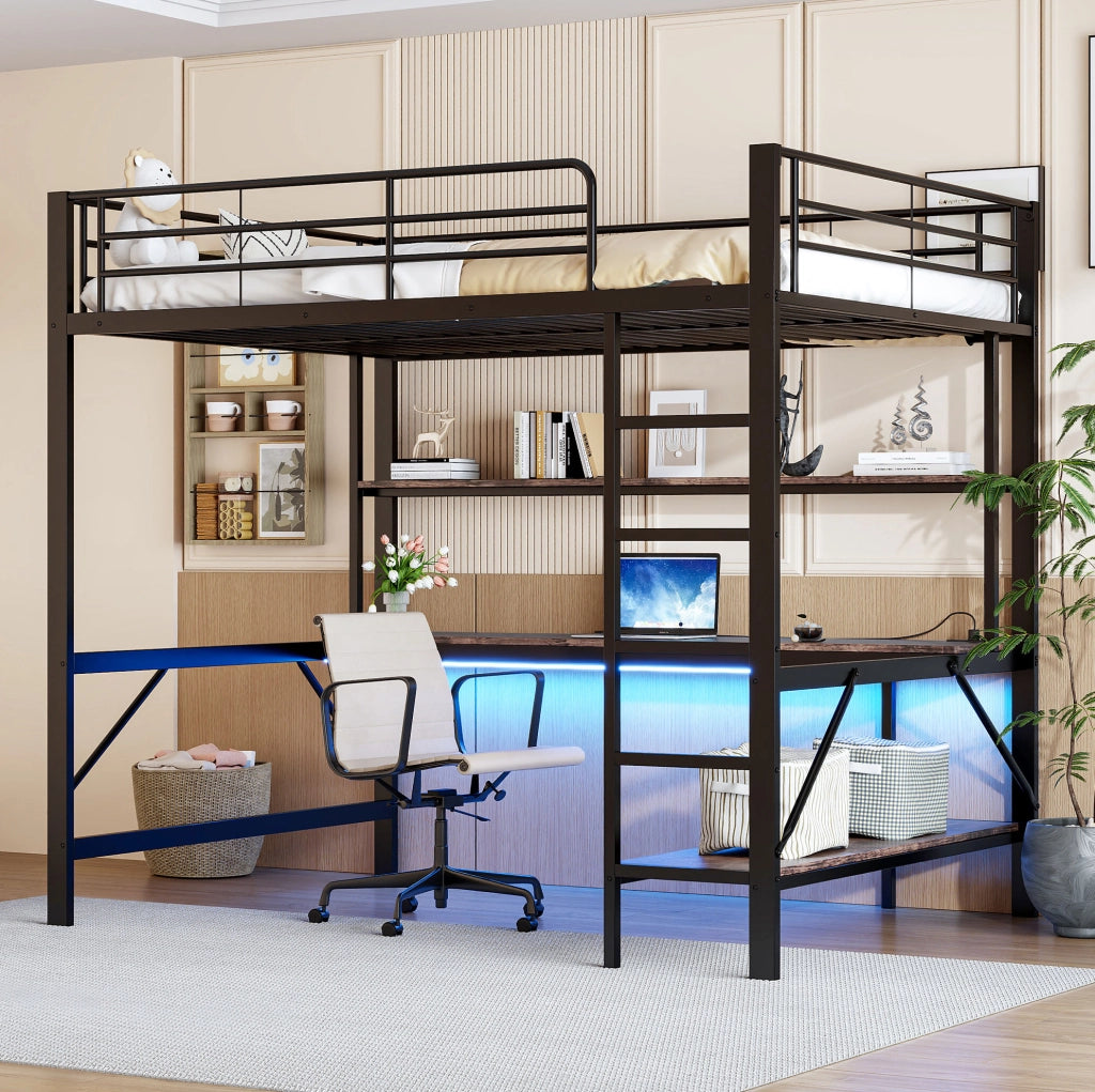 LETTO a soppalco 140x200 cm Metallo Nero con scrivania, ripiani, LED, USB